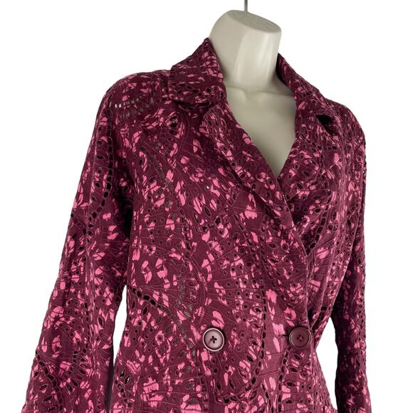 Johnny Was Zaragoza Linen Lace Double Breasted Trench Coat Red Size S - Picture 7 of 12